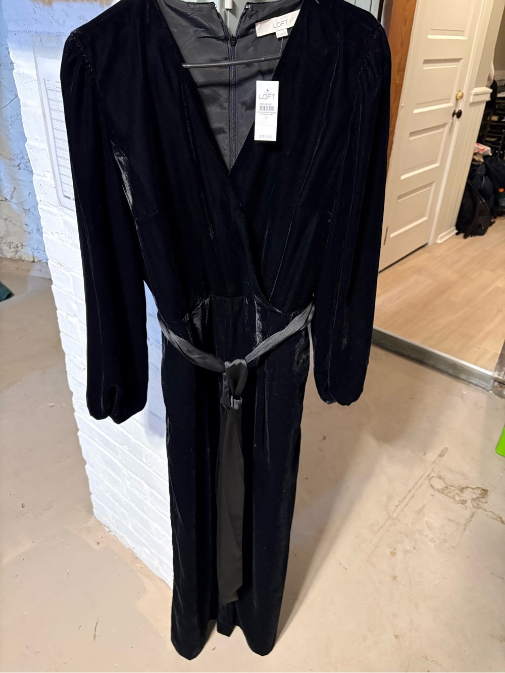 LOFT Black Velvet Wrap Jumpsuit with Waist Tie